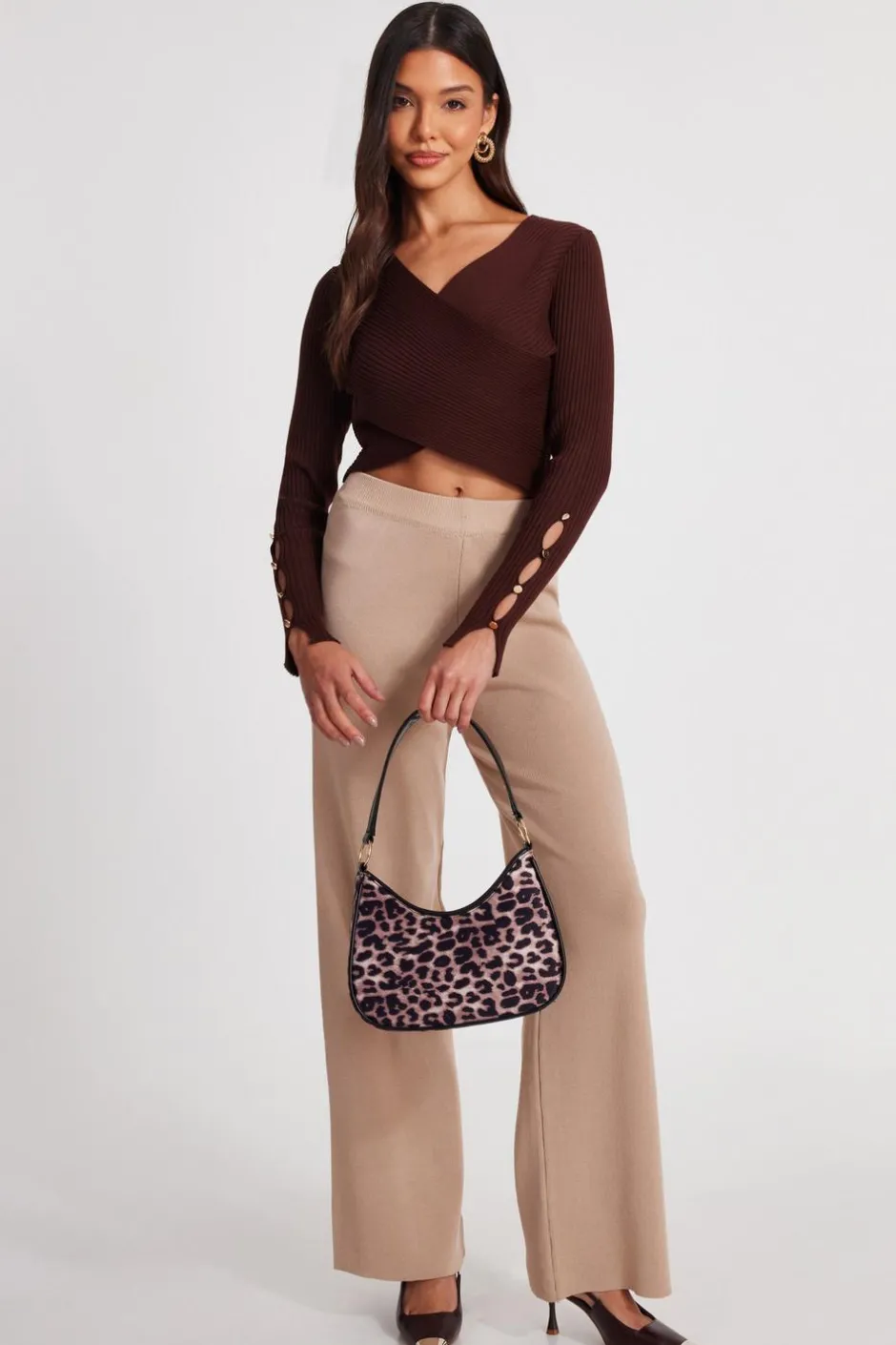 Quiz Brown Knit Crossover Cropped Jumper New