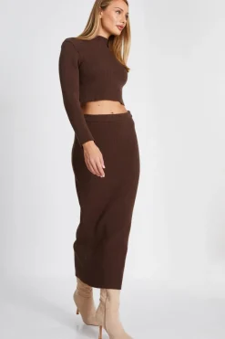 Quiz Knit Midaxi Skirt Brown