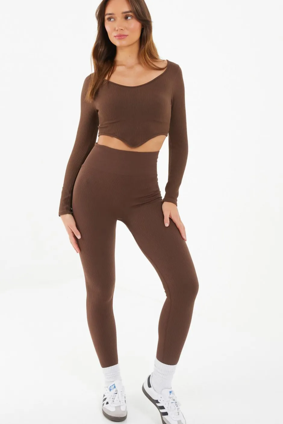 Quiz Knit Ribbed Leggings Brown New