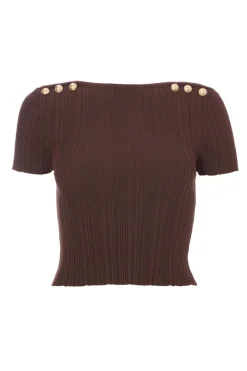 Quiz Brown Knitted Button Detail Top Outlet