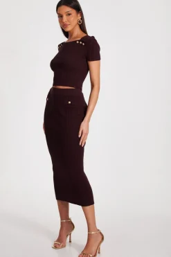Quiz Brown Knitted Button Detail Top Outlet