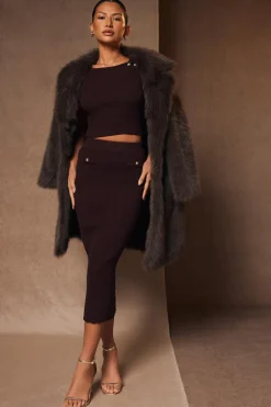 Quiz Brown Knitted Button Detail Skirt Clearance
