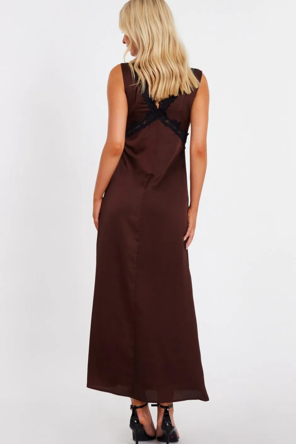 Quiz Brown Lace Trim Midaxi Dress