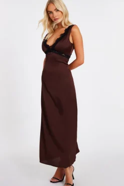 Quiz Brown Lace Trim Midaxi Dress