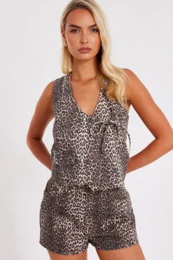 Quiz Brown Leopard Print Denim Waistcoat Clearance