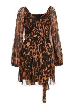 Quiz Brown Leopard Print Open Sleeve Skater Dress New