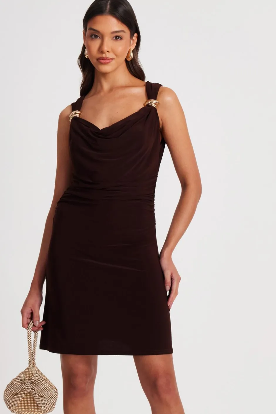 Quiz Brown Mesh Cowl Neck Mini Dress Online