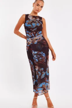 Quiz Brown Mesh Floral Midaxi Dress Hot