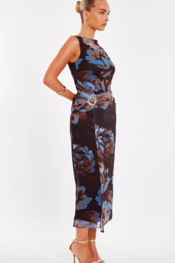 Quiz Brown Mesh Floral Midaxi Dress Hot