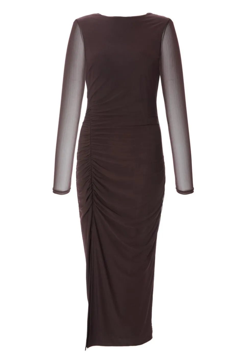 Quiz Mesh Long Sleeve Midaxi Dress Brown Outlet