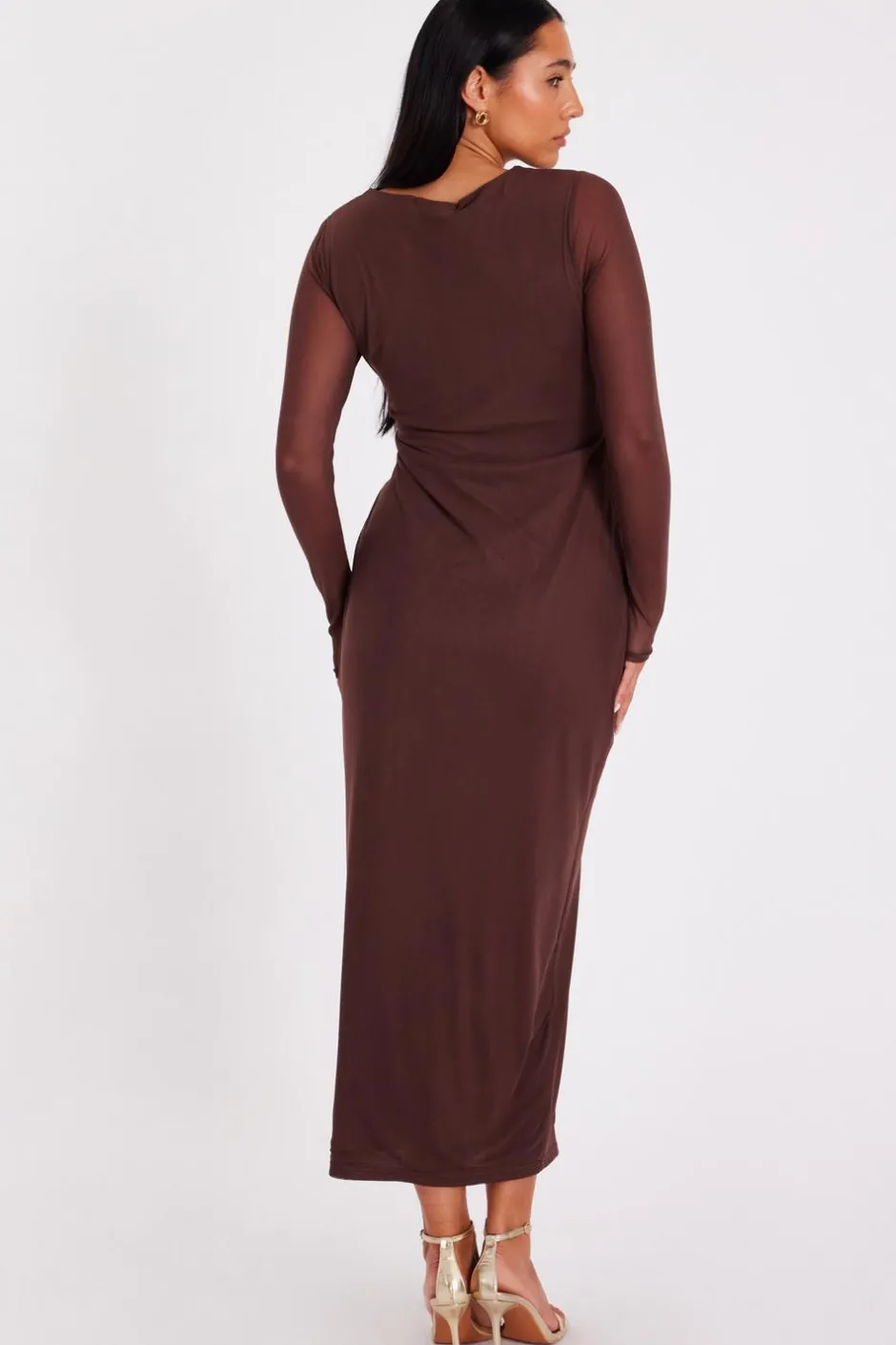 Quiz Mesh Long Sleeve Midaxi Dress Brown Outlet