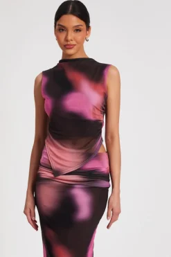 Quiz Mesh Marble Print Crop Top Brown Online