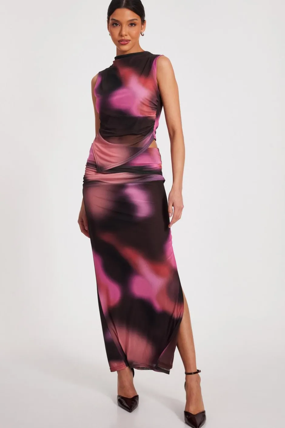 Quiz Mesh Marble Print Maxi Skirt Brown Hot