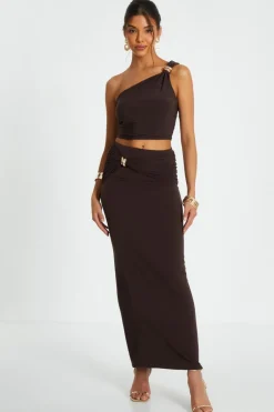 Quiz One Shoulder Crop Top Brown Clearance