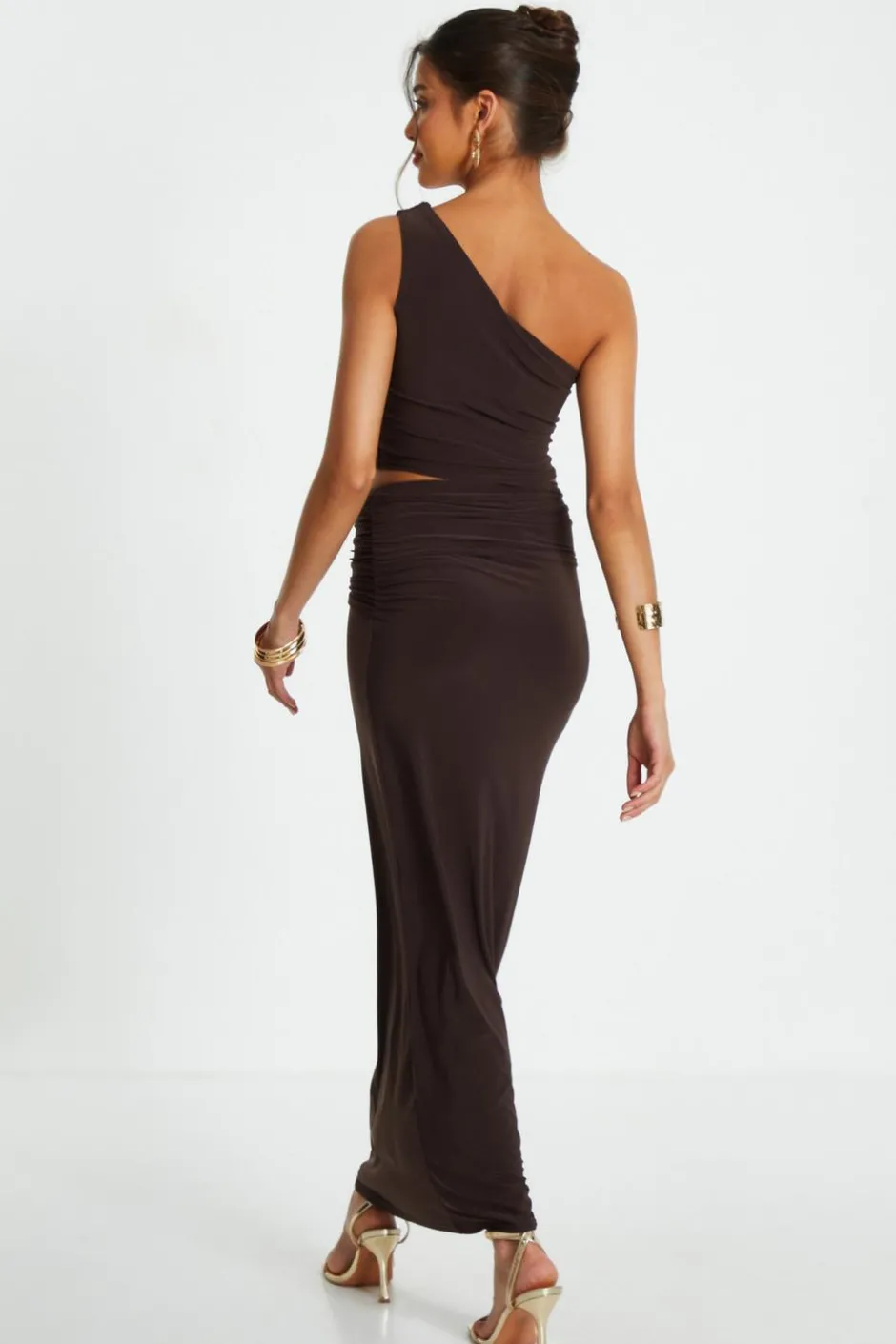 Quiz One Shoulder Crop Top Brown Clearance
