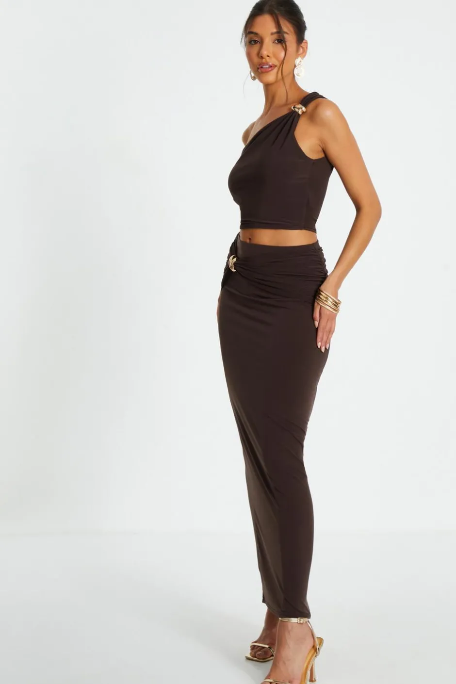 Quiz One Shoulder Crop Top Brown Clearance
