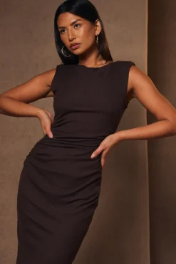 Quiz Ribbed Midaxi Dress Brown Clearance