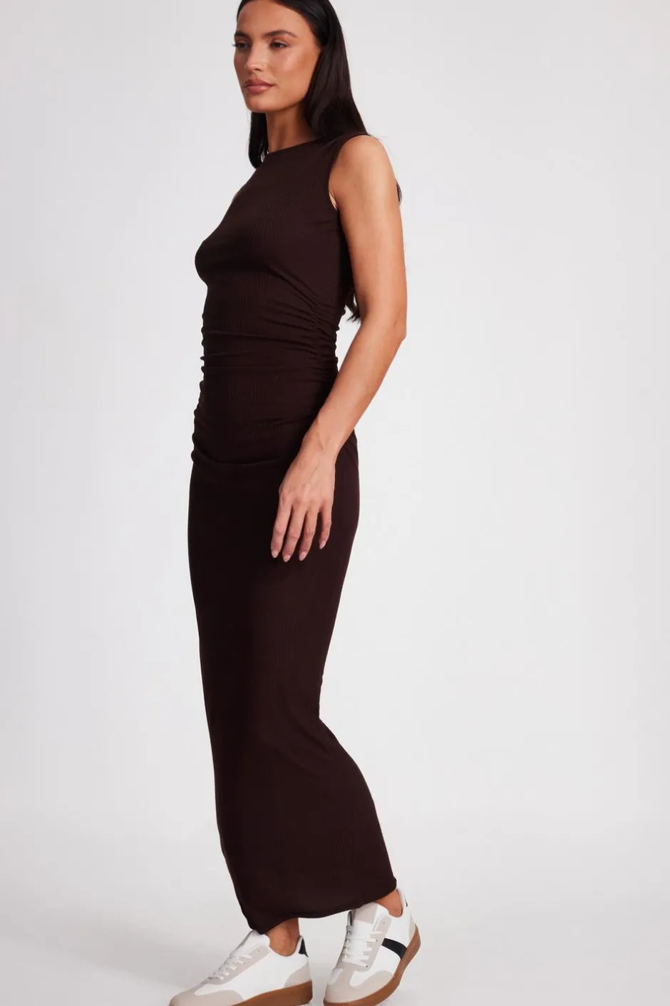 Quiz Ribbed Midaxi Dress Brown Clearance