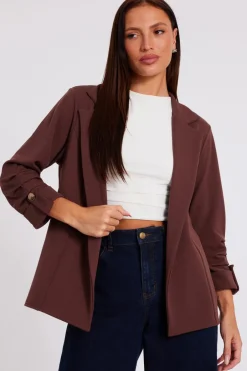 Quiz Ruched Sleeve Blazer Brown Clearance