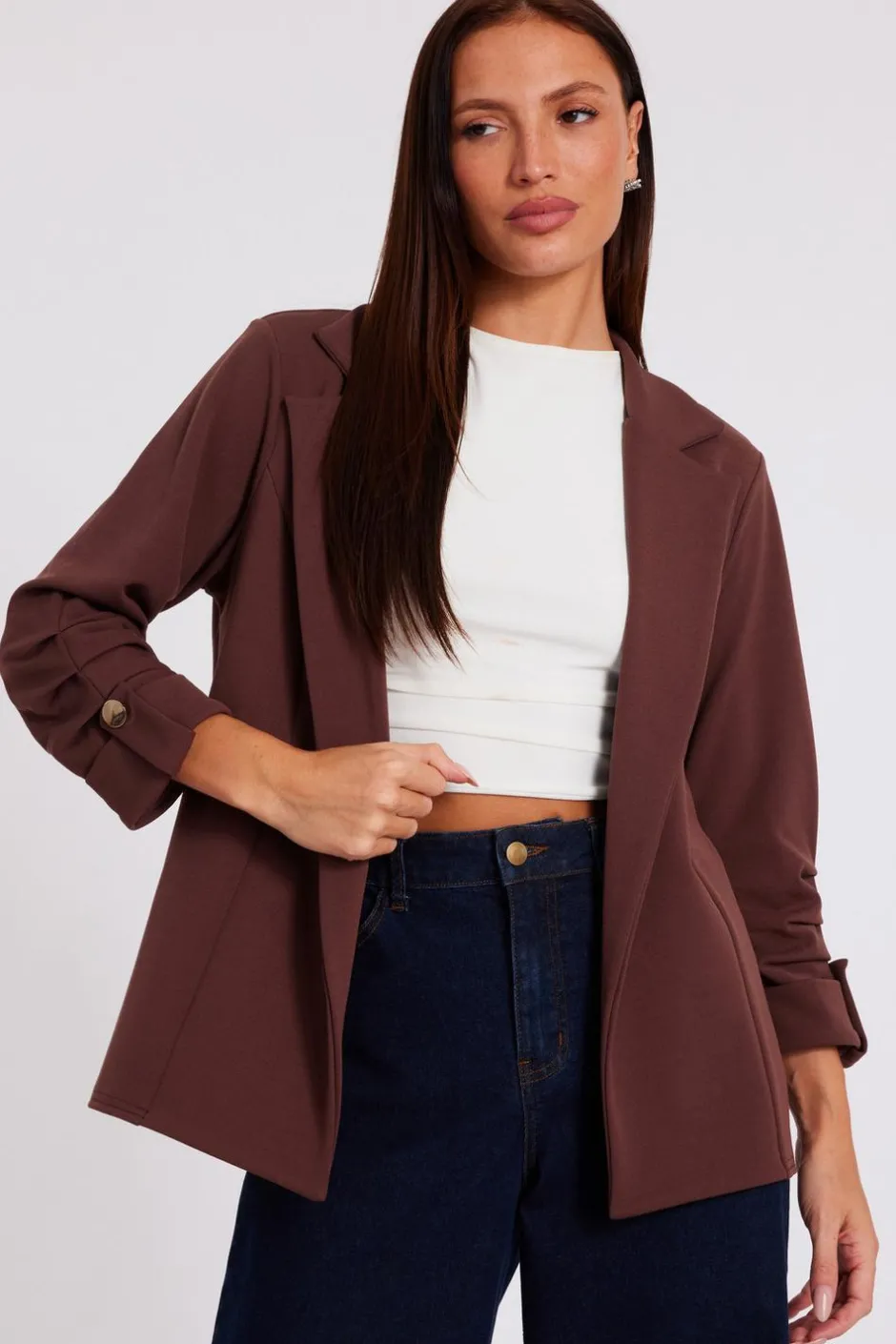 Quiz Ruched Sleeve Blazer Brown Clearance