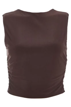 Quiz Ruched Sleeveless Crop Top Brown Online