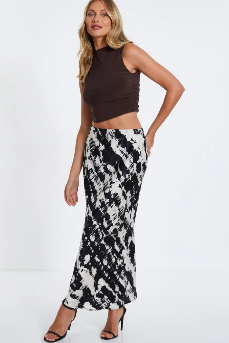 Quiz Ruched Sleeveless Crop Top Brown Online