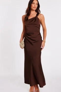 Quiz Satin One Shoulder Midaxi Dress Brown Outlet
