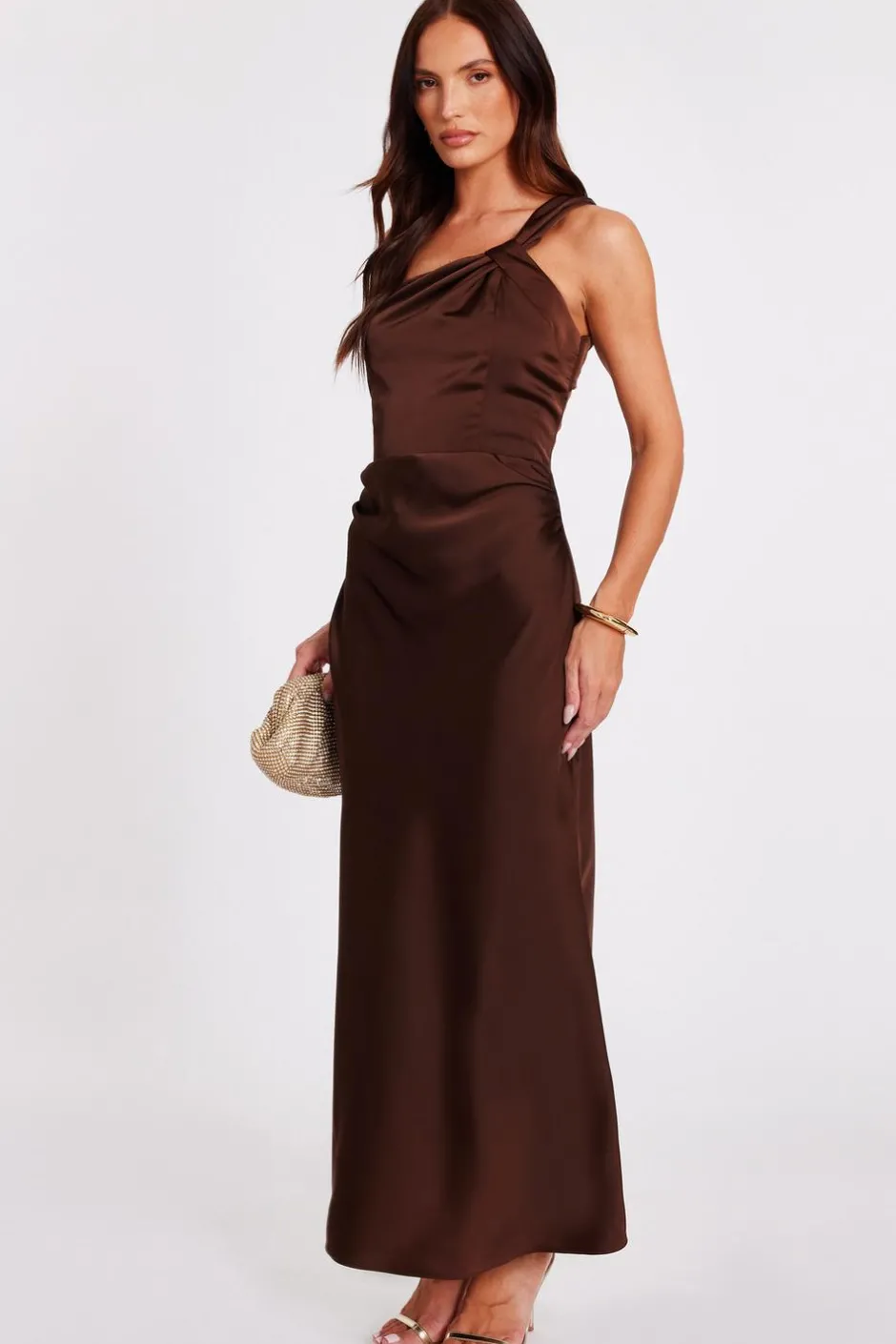 Quiz Satin One Shoulder Midaxi Dress Brown Outlet