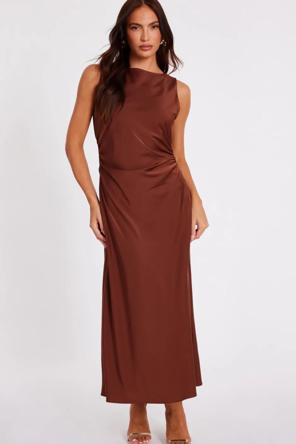 Quiz Satin Ruched Midi Dress Brown
