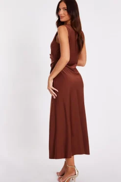 Quiz Satin Ruched Midi Dress Brown