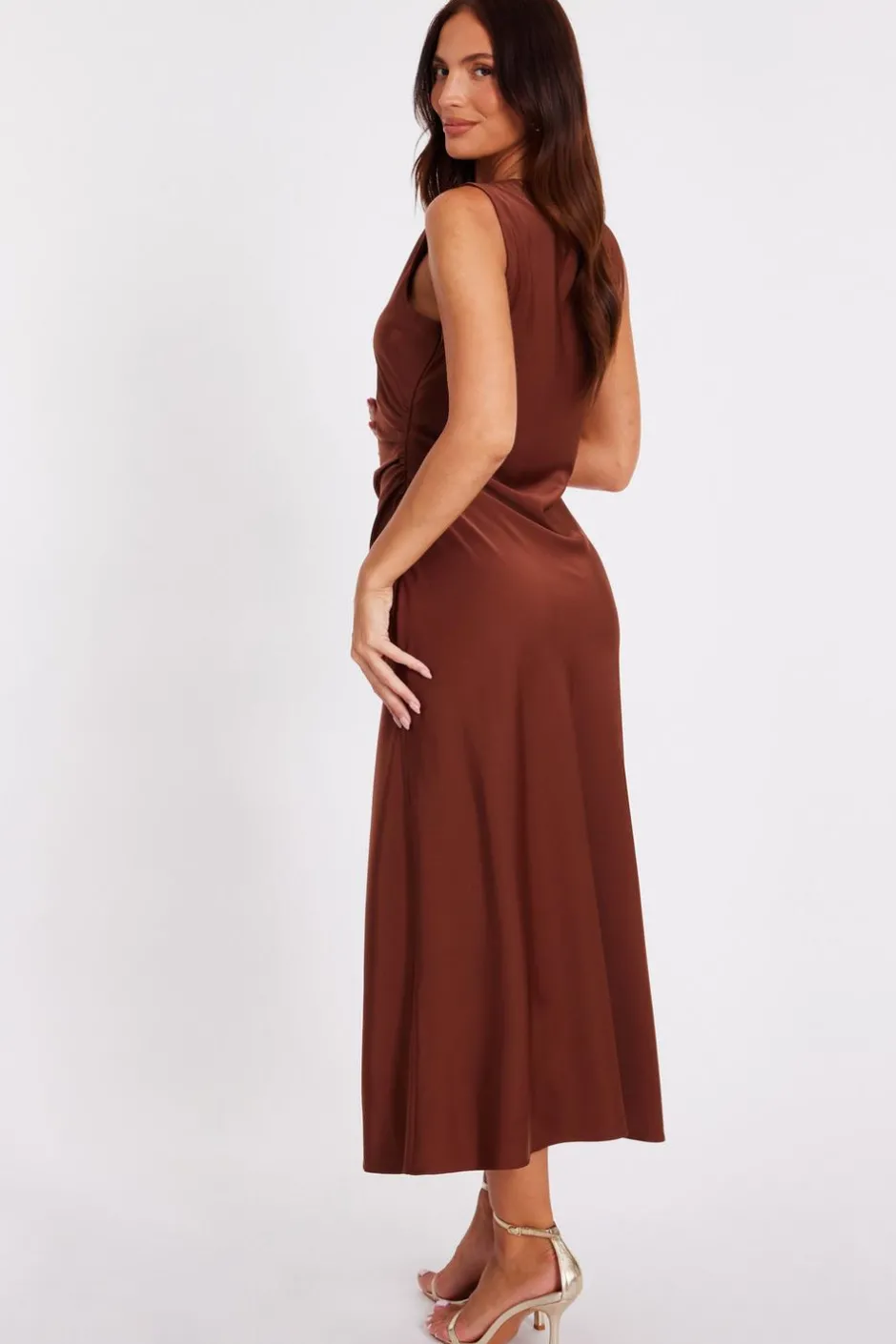 Quiz Satin Ruched Midi Dress Brown