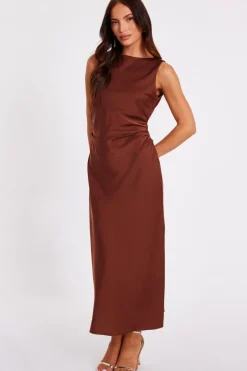 Quiz Satin Ruched Midi Dress Brown