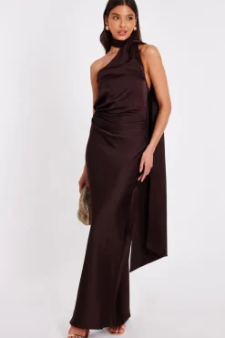 Quiz Satin Wrap Neck Maxi Dress Brown Outlet