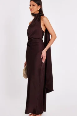 Quiz Satin Wrap Neck Maxi Dress Brown Outlet