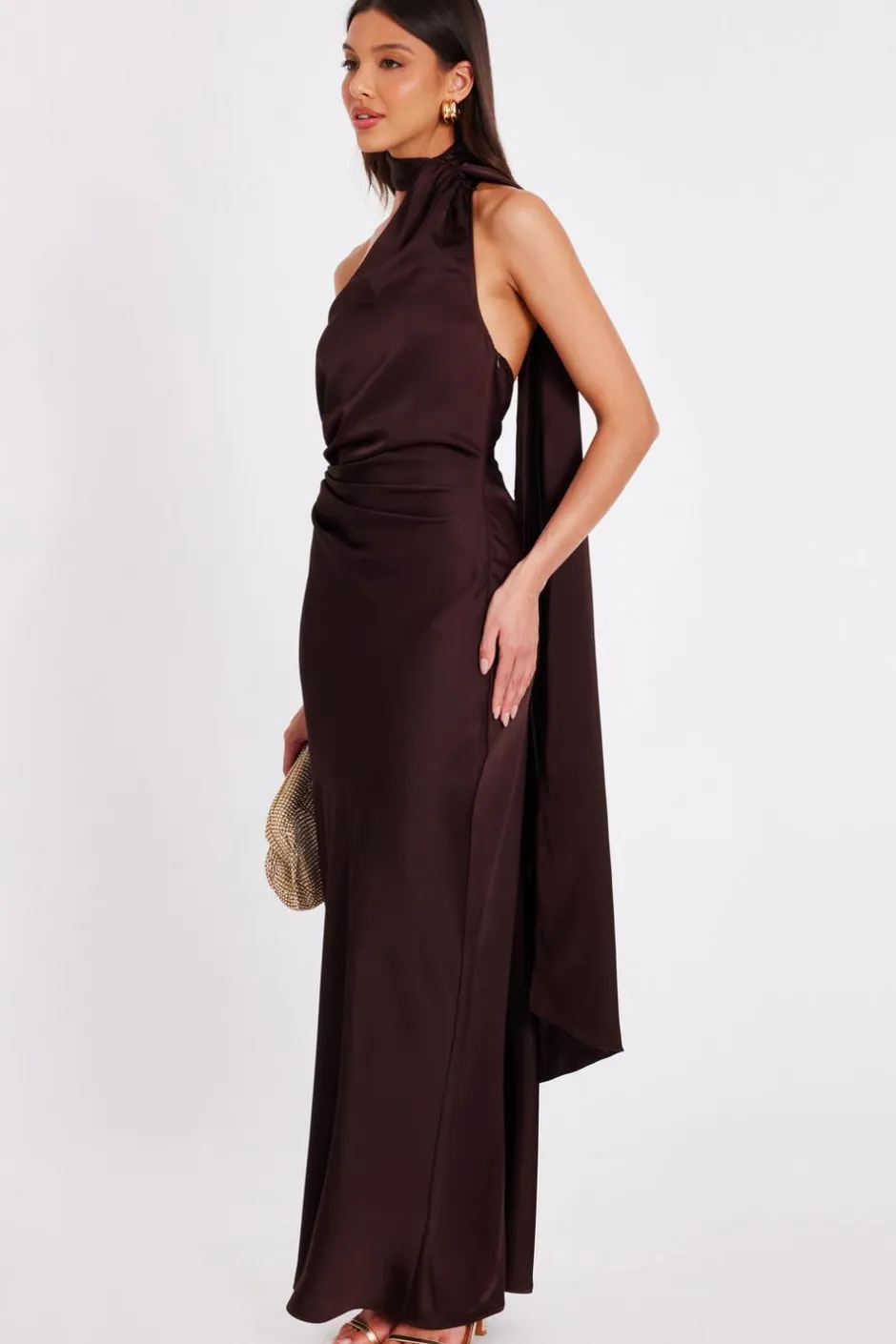 Quiz Satin Wrap Neck Maxi Dress Brown Outlet
