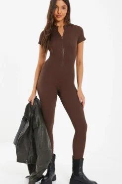 Quiz Brown Seamless Zip Jumpsuit Sale