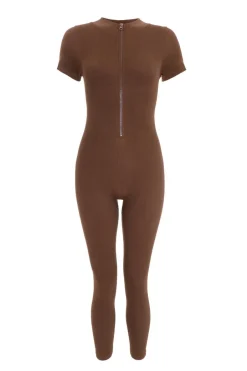 Quiz Brown Seamless Zip Jumpsuit Sale