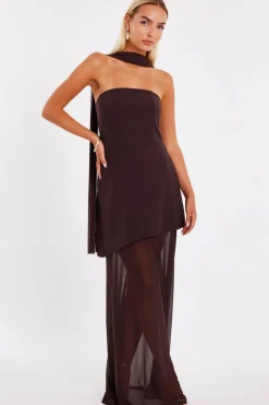 Quiz Strapless Mesh Hem Maxi Dress Brown