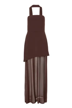Quiz Strapless Mesh Hem Maxi Dress Brown