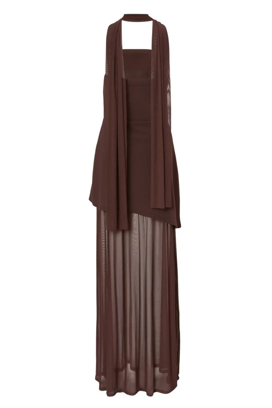 Quiz Strapless Mesh Hem Maxi Dress Brown