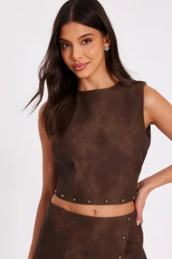 Quiz Brown Studded Faux Leather Top Discount