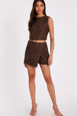 Quiz Brown Studded Faux Leather Skort Outlet