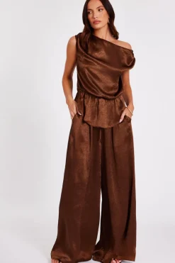 Quiz Brown Textured Satin Palazzo Trousers Hot