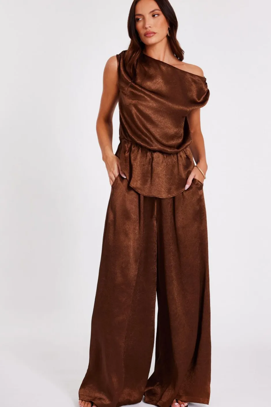 Quiz Brown Textured Satin Palazzo Trousers Hot