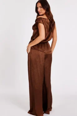 Quiz Brown Textured Satin Palazzo Trousers Hot