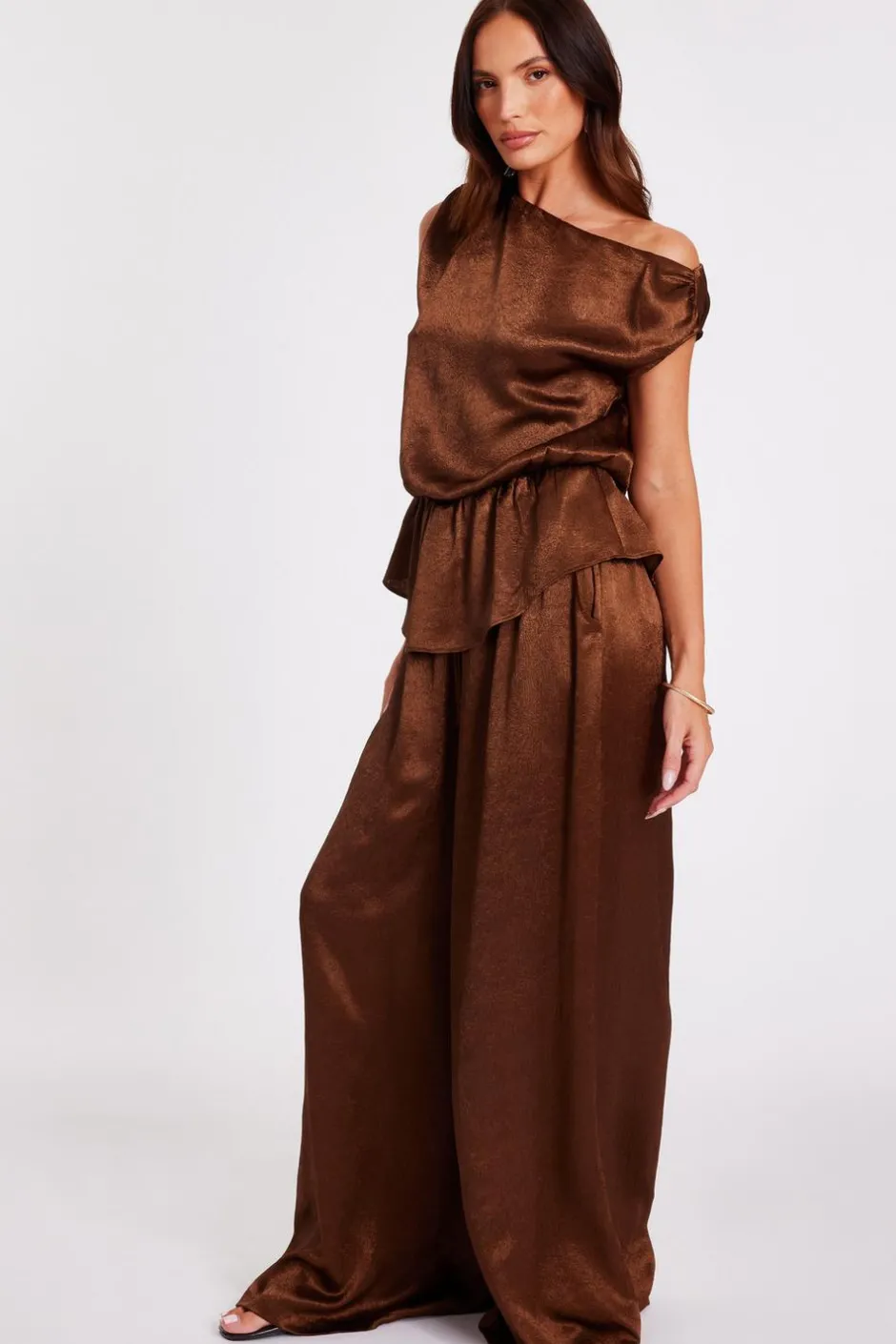 Quiz Brown Textured Satin Palazzo Trousers Hot