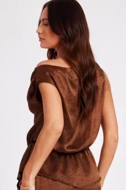 Quiz Brown Textured Satin Top