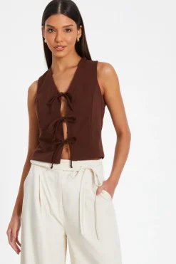 Quiz Brown Tie Up Sleeveless Waistcoat Best