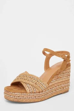 Quiz Cross Strap Embellished Wedges Camel New