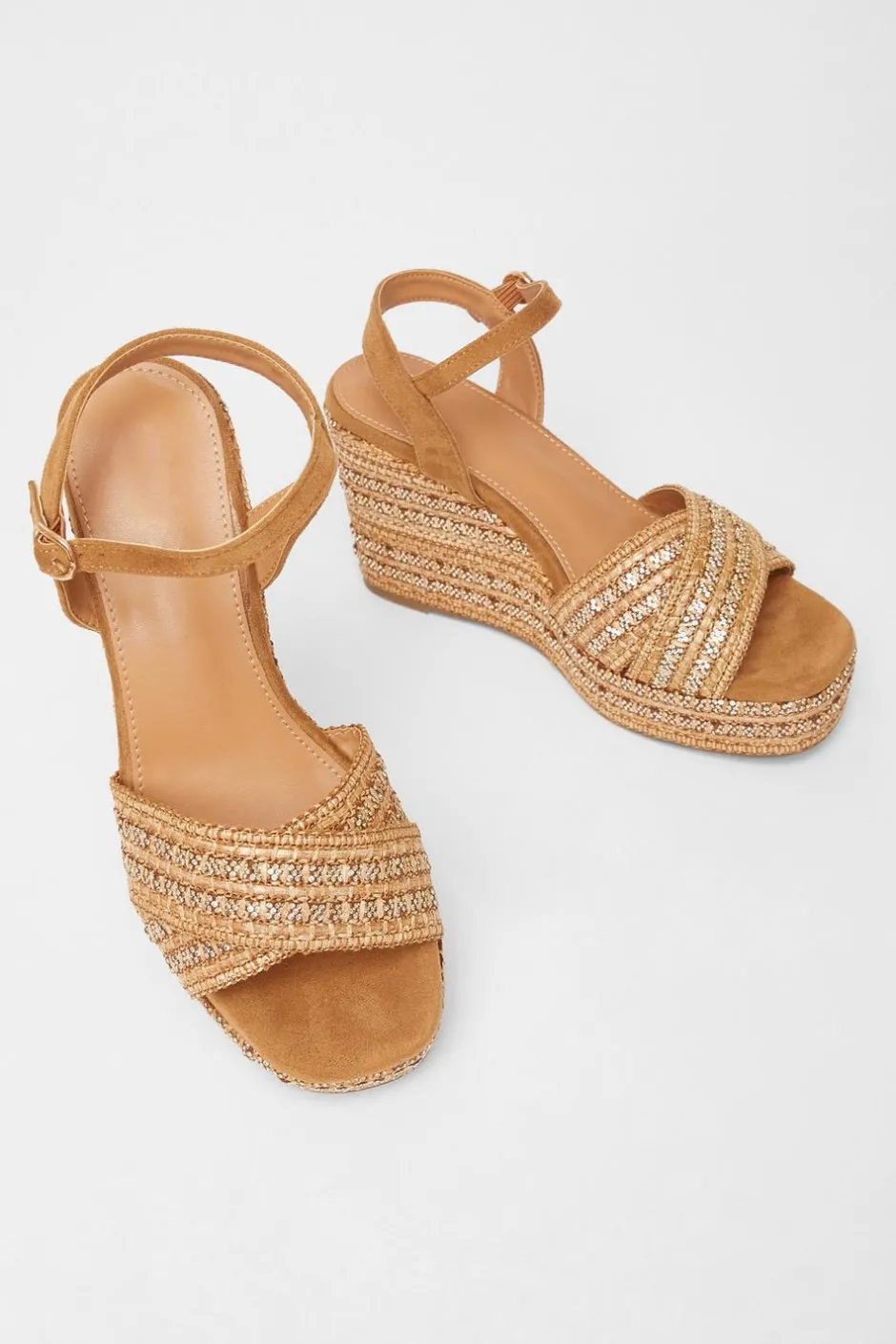 Quiz Cross Strap Embellished Wedges Camel New